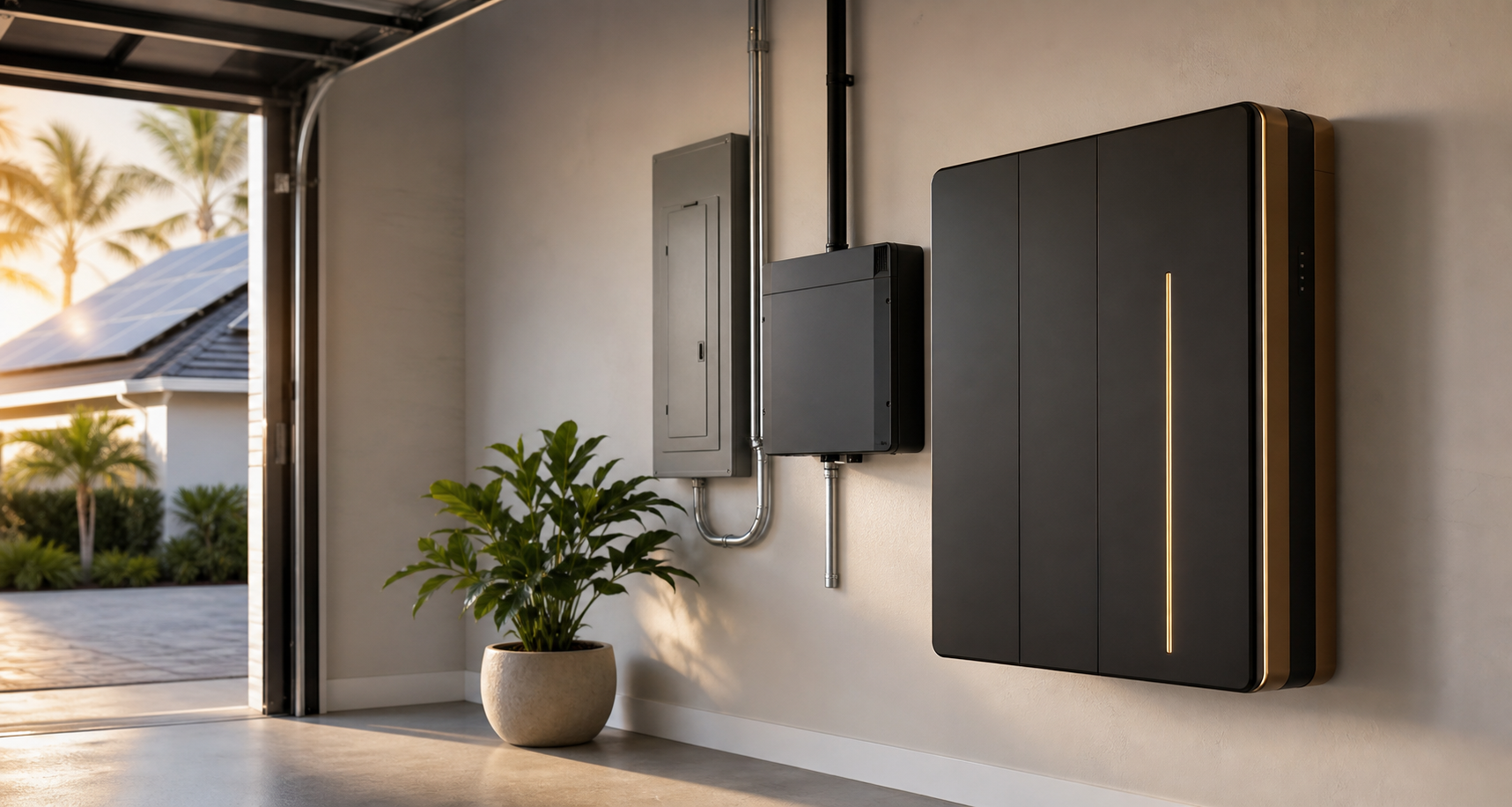 Modern home battery backup system in a residential garage