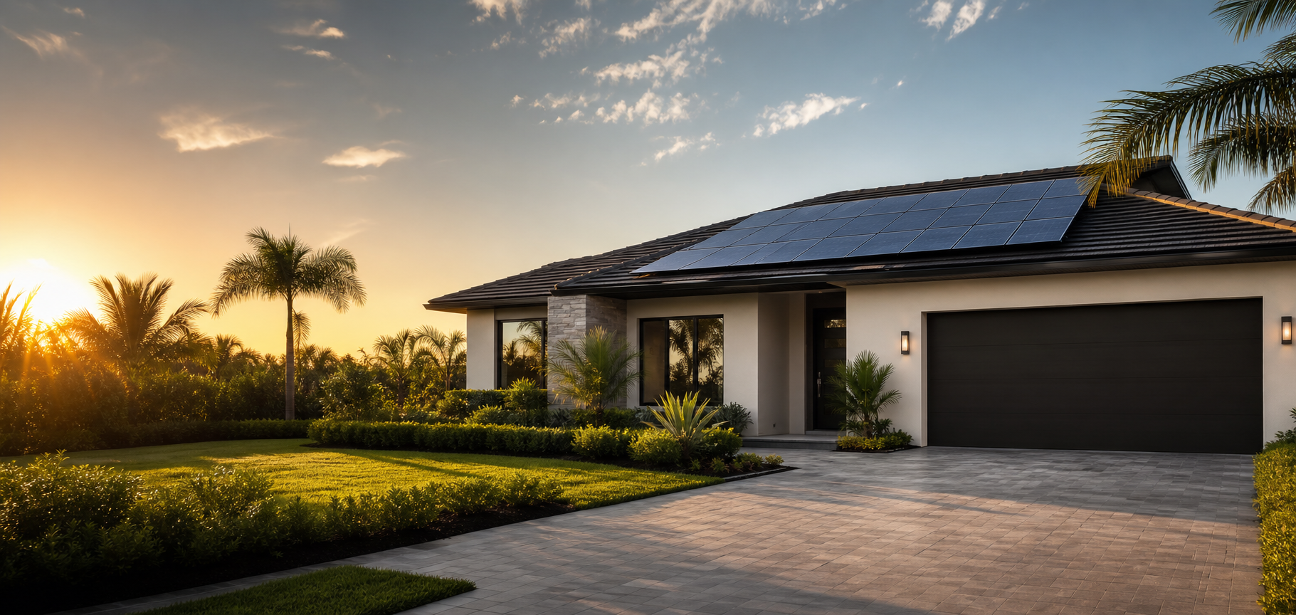 Florida home with rooftop solar panels at sunrise